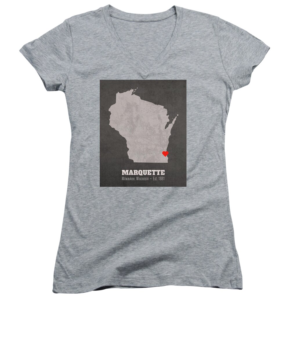 Marquette University Women's V-Neck featuring the mixed media Marquette University Milwaukee Wisconsin Founded Date Heart Map by Design Turnpike