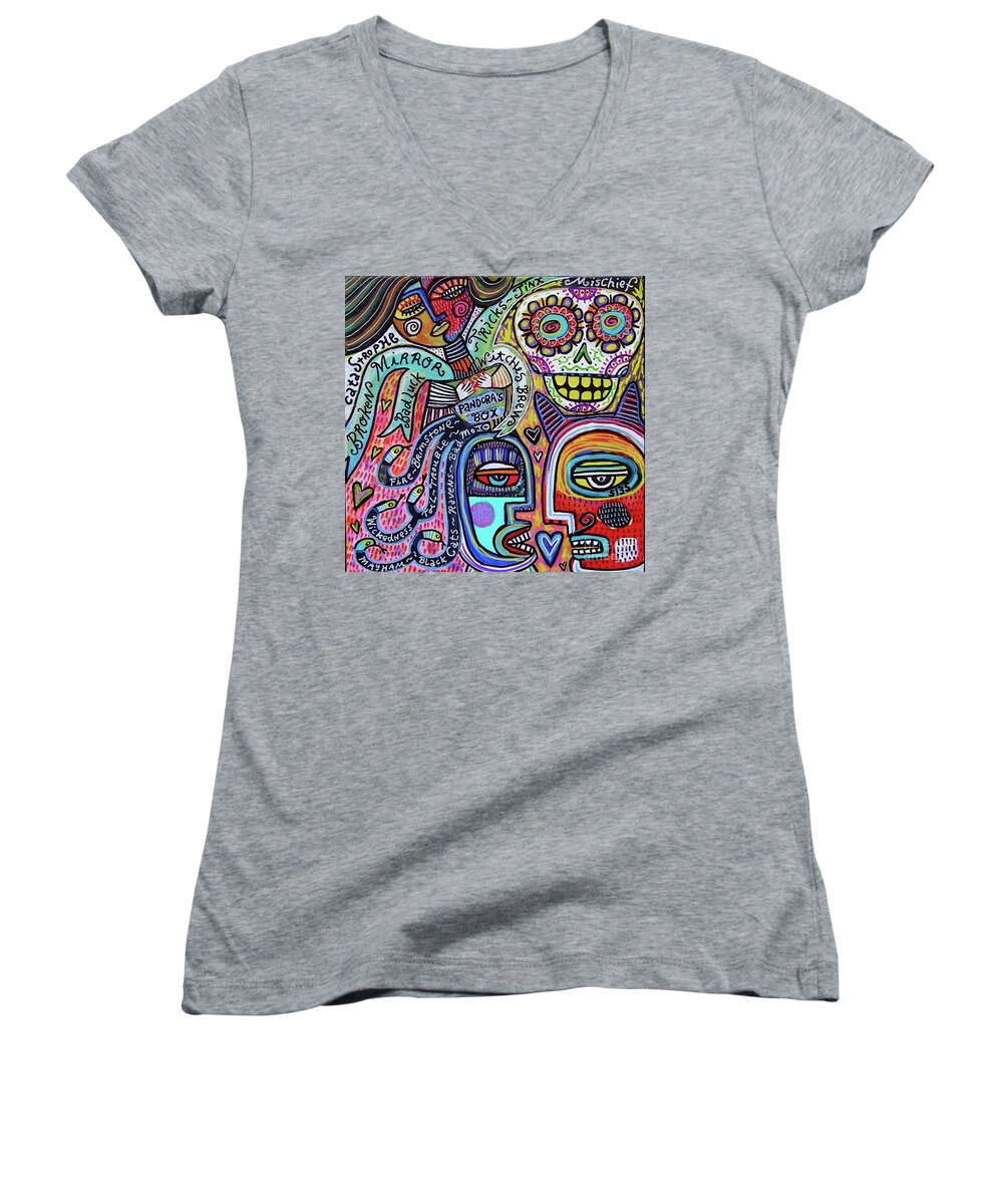 Medusa Women's V-Neck featuring the painting Wicked Medusa Opens Her Pandora Box by Sandra Silberzweig