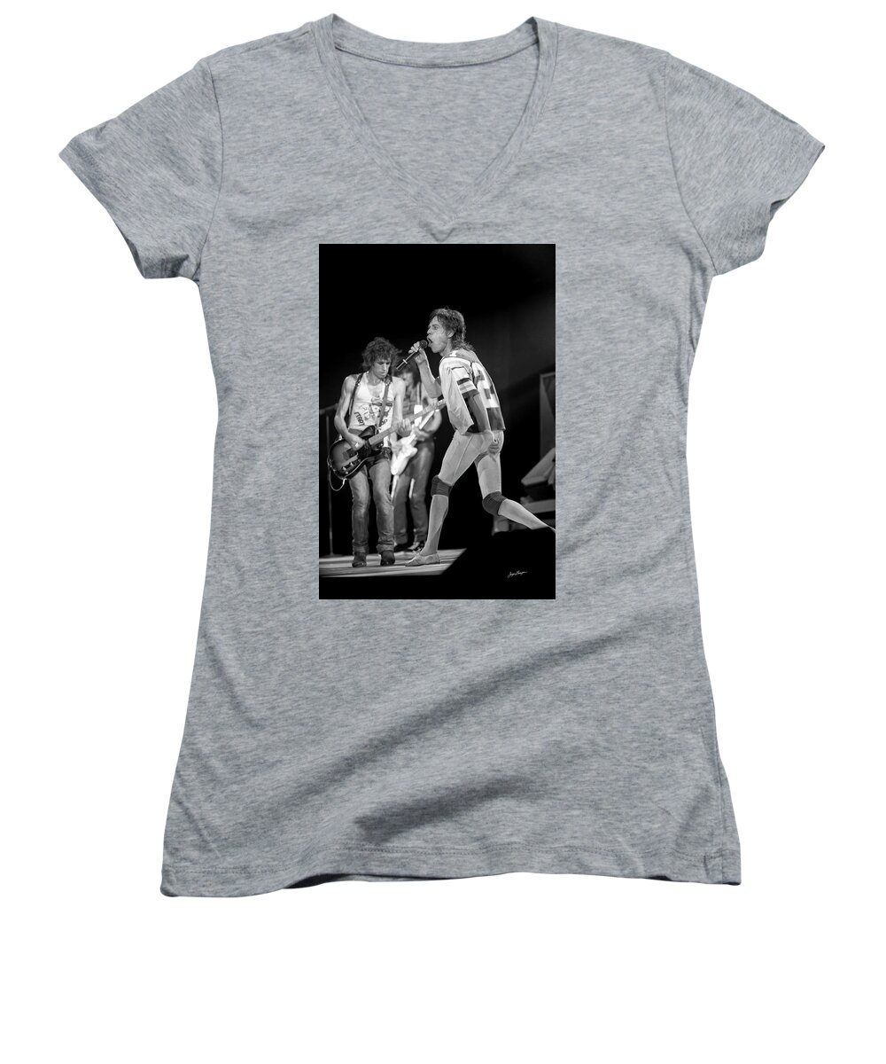Keith Richards Women's V-Neck featuring the photograph Mick Jagger in Action by Jurgen Lorenzen