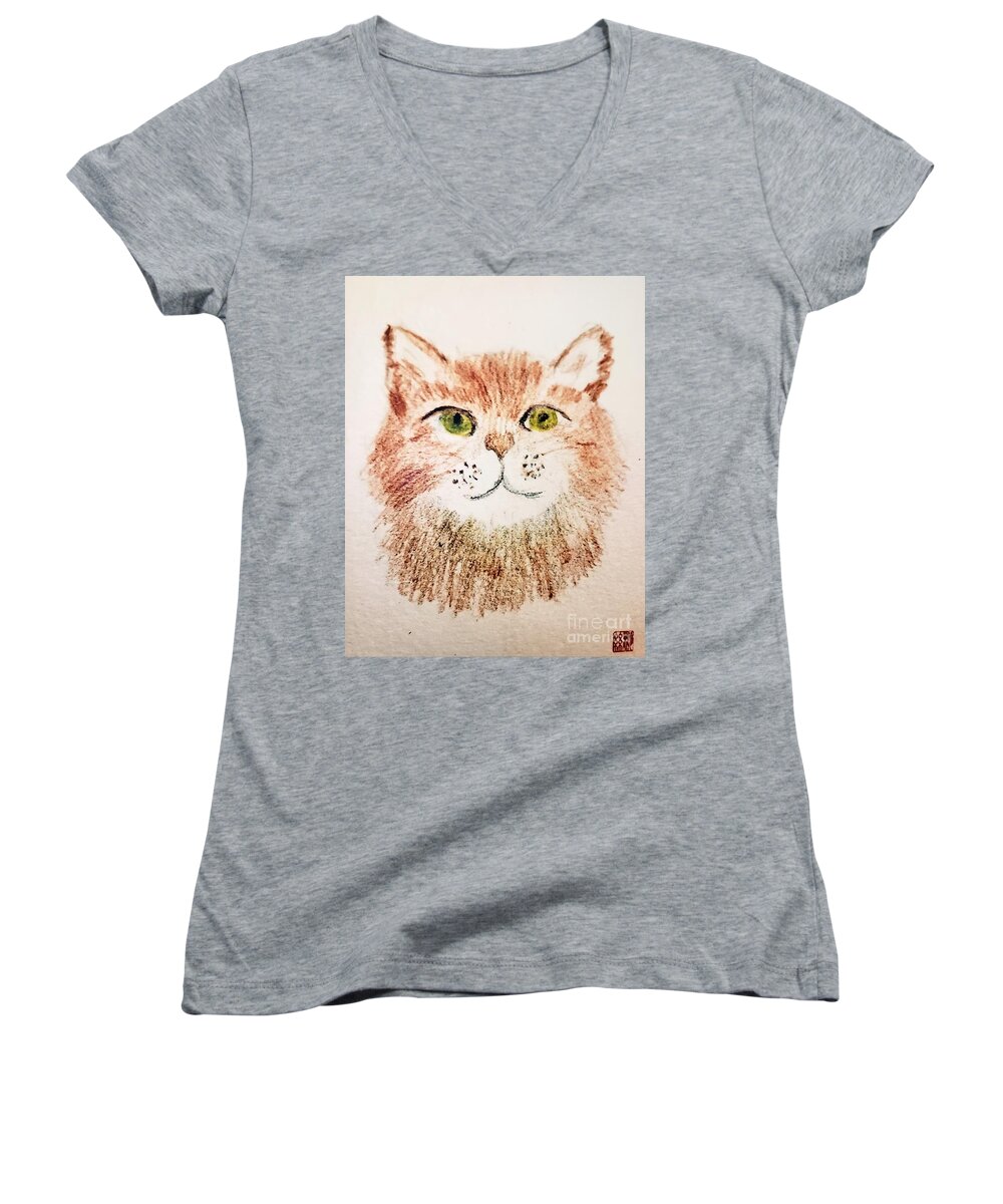  Women's V-Neck featuring the painting Miss Kitty by Margaret Welsh Willowsilk