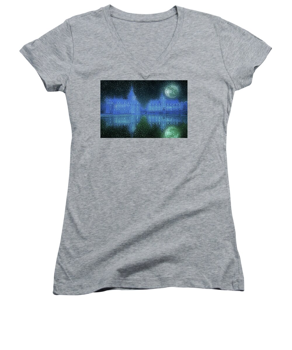 Castle Women's V-Neck featuring the painting Moated castle on a moonlit night by Alex Mir