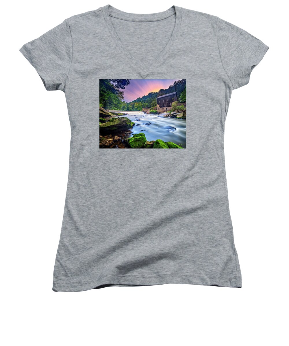 Beautiful Women's V-Neck featuring the photograph Morning at McConnell's Mill by Andy Crawford