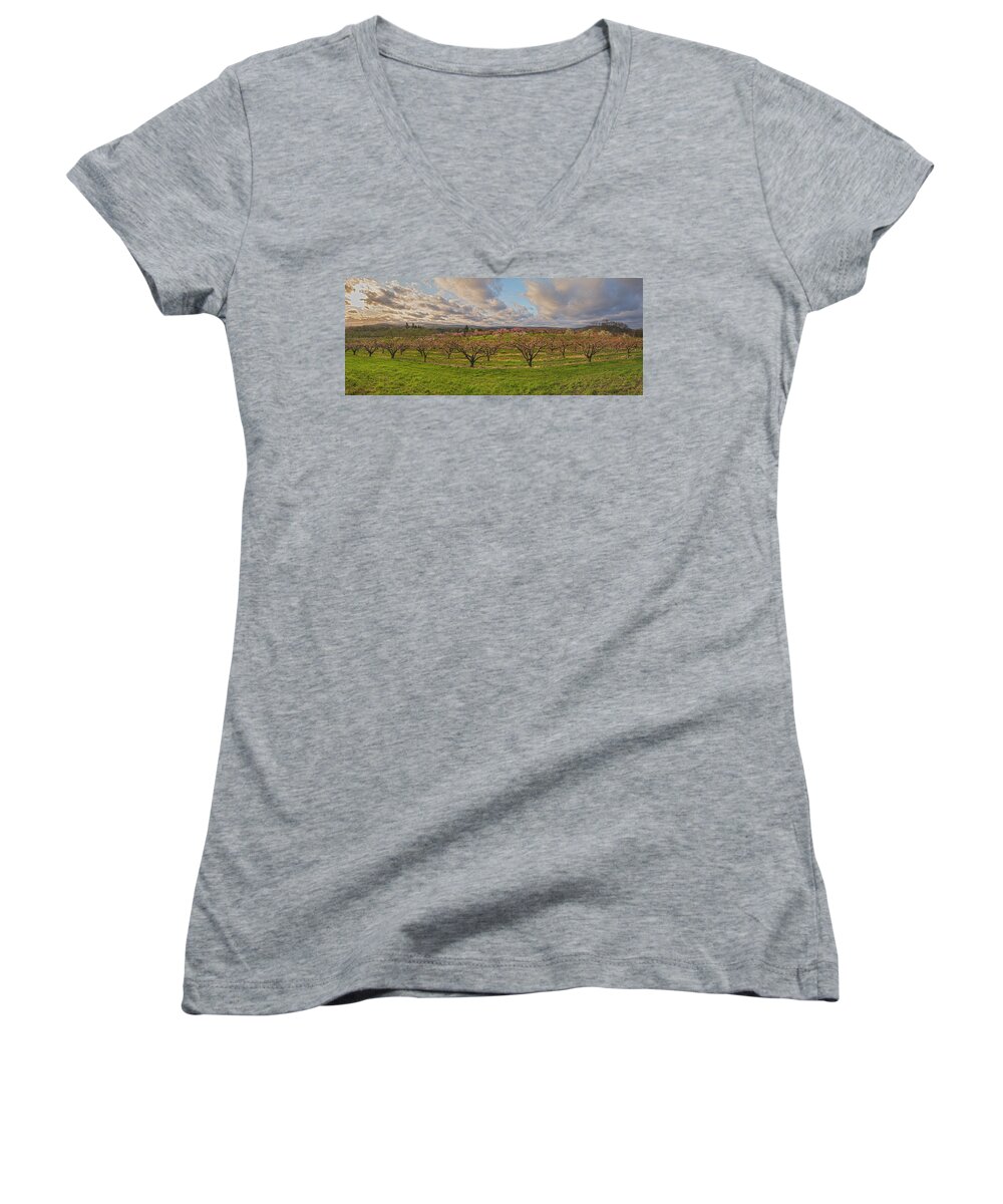 Orchards Women's V-Neck featuring the photograph Morning Glory Orchards by Angelo Marcialis