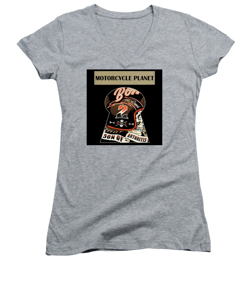 Motorcycle Planet Women's V-Neck featuring the digital art Motorcycle Planet Logo by Long Shot