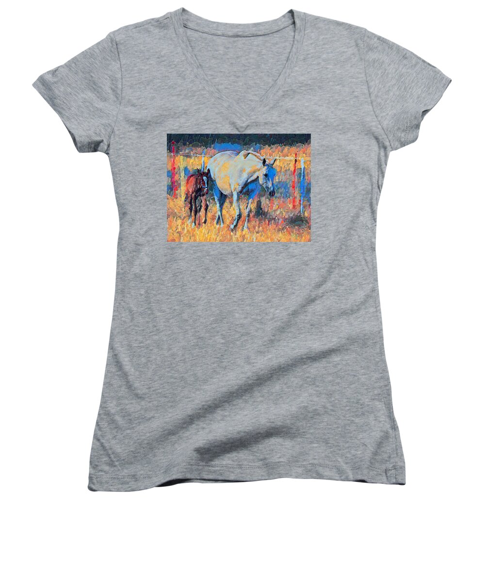 Horse Women's V-Neck featuring the mixed media Narla And Her Foal Evie by Joan Stratton