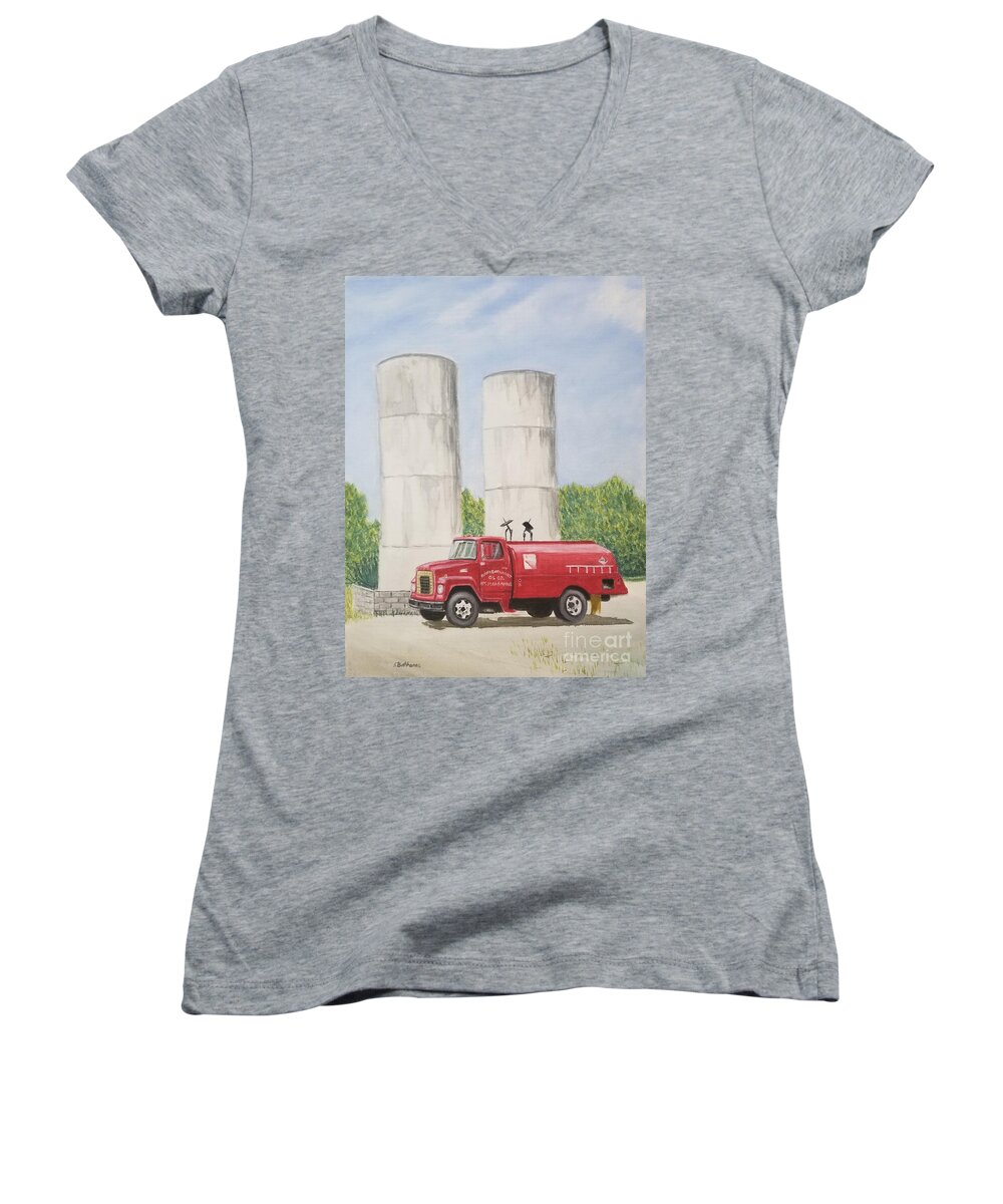 Mount Pleasant Women's V-Neck featuring the painting Oil Truck by Stacy C Bottoms