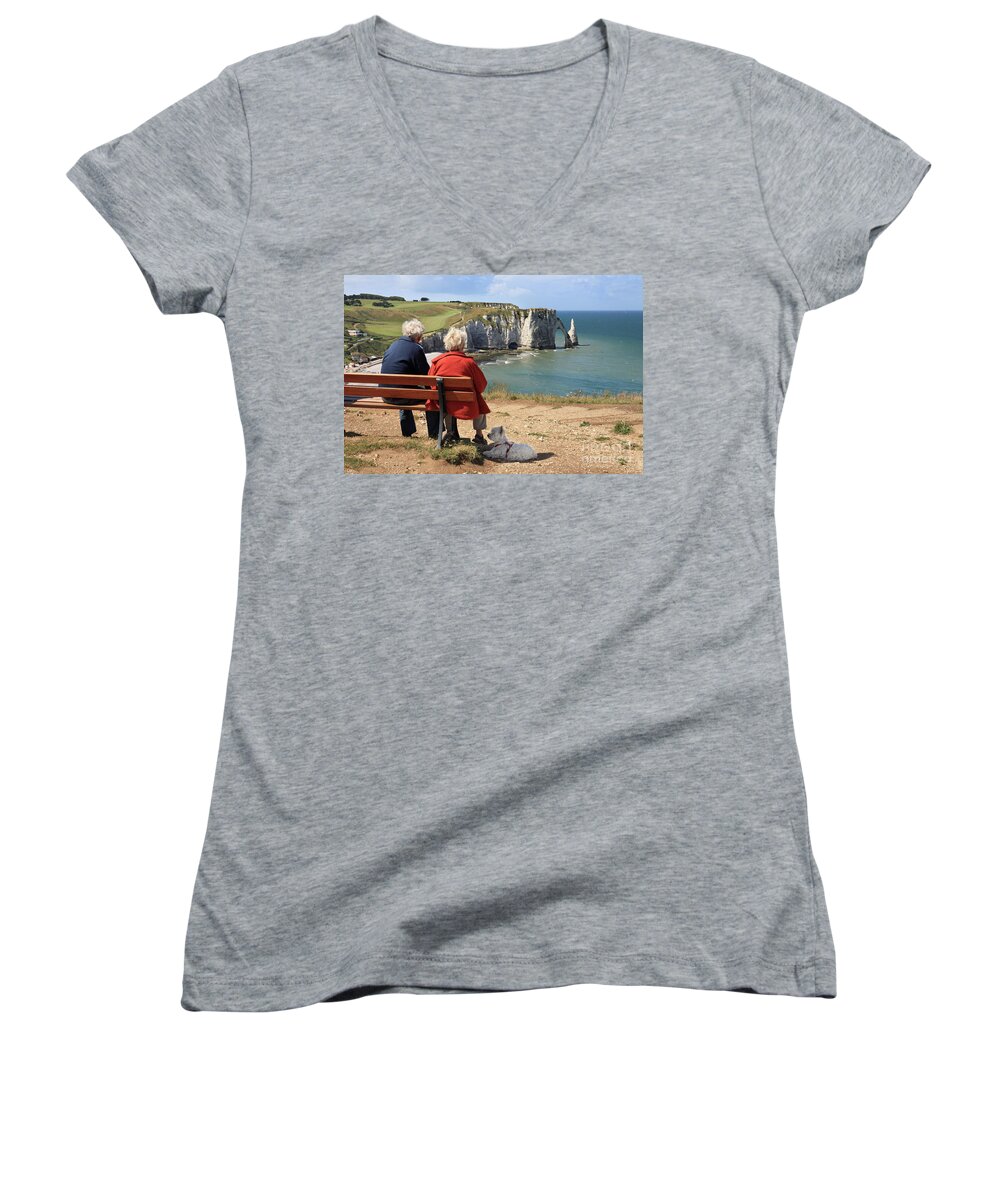 Etretat Women's V-Neck featuring the photograph Older couple with dog, Etretat by Bryan Attewell