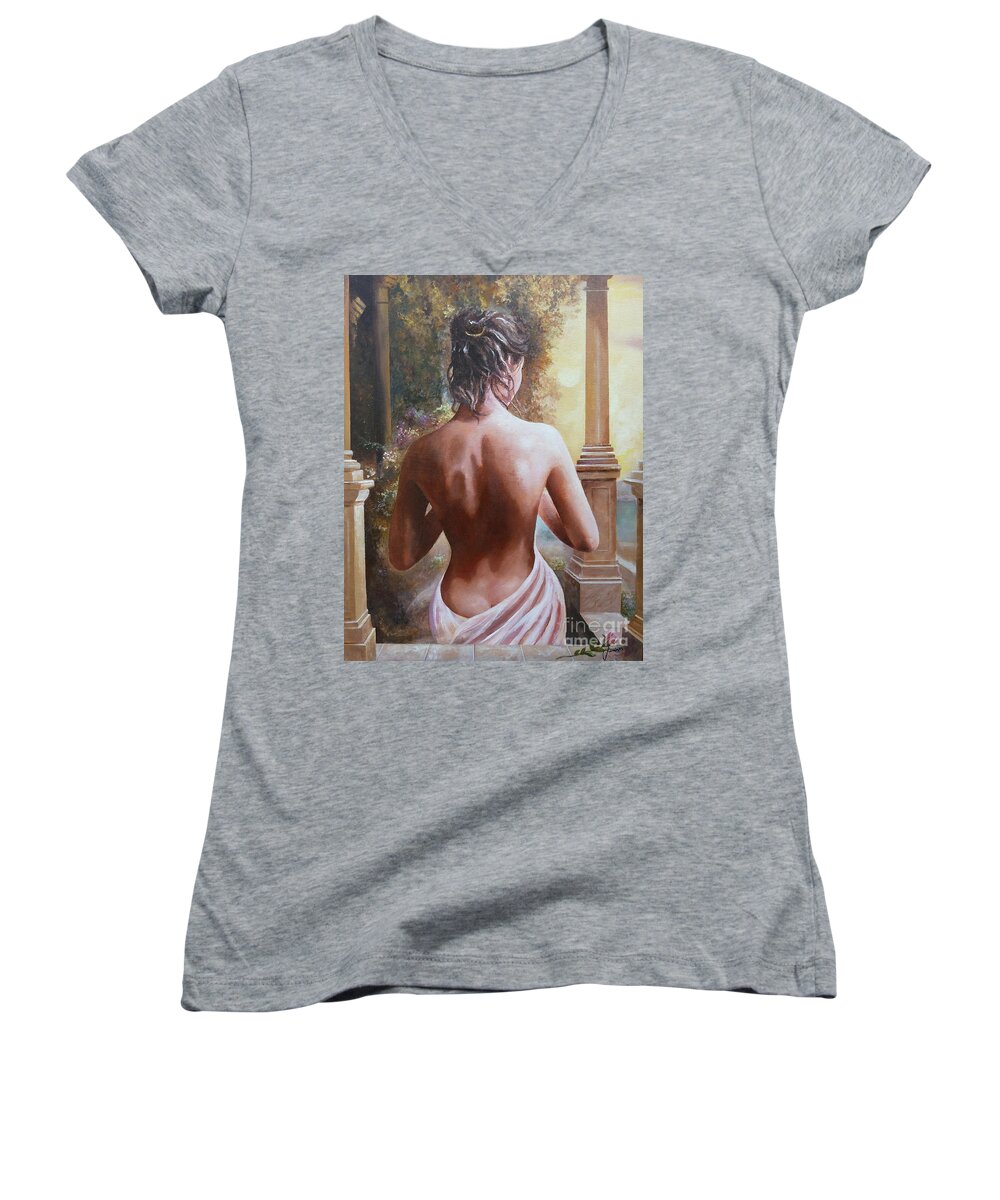 Female Figure Women's V-Neck featuring the painting On The Doorway by Sinisa Saratlic
