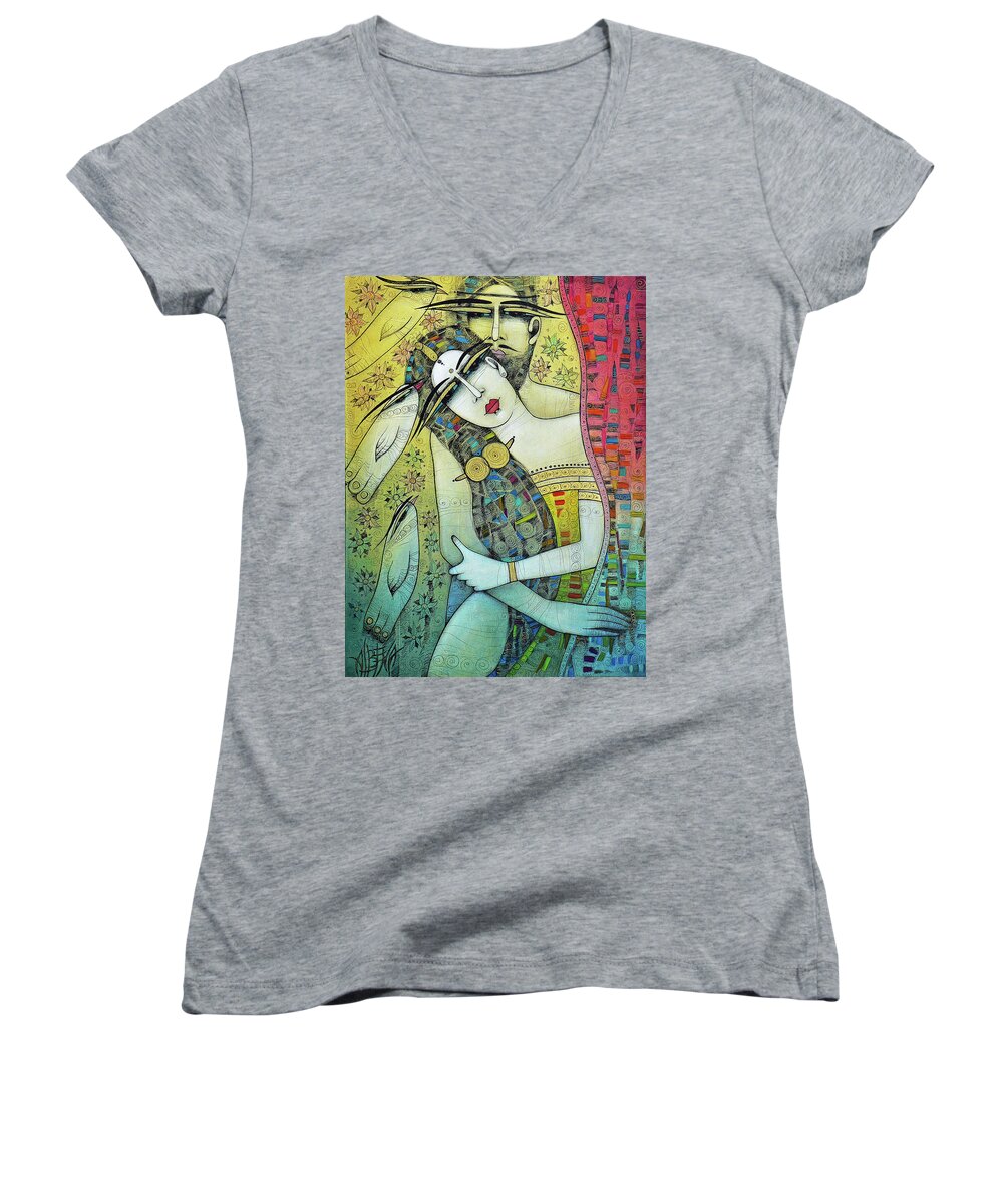 Couple Women's V-Neck featuring the painting ONE by Albena Vatcheva