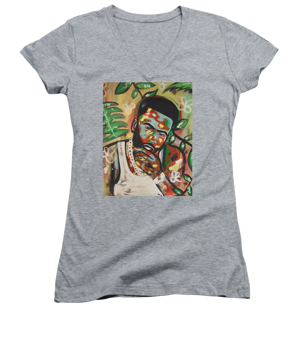 Man Women's V-Neck featuring the painting One with Nature by Antonio Moore