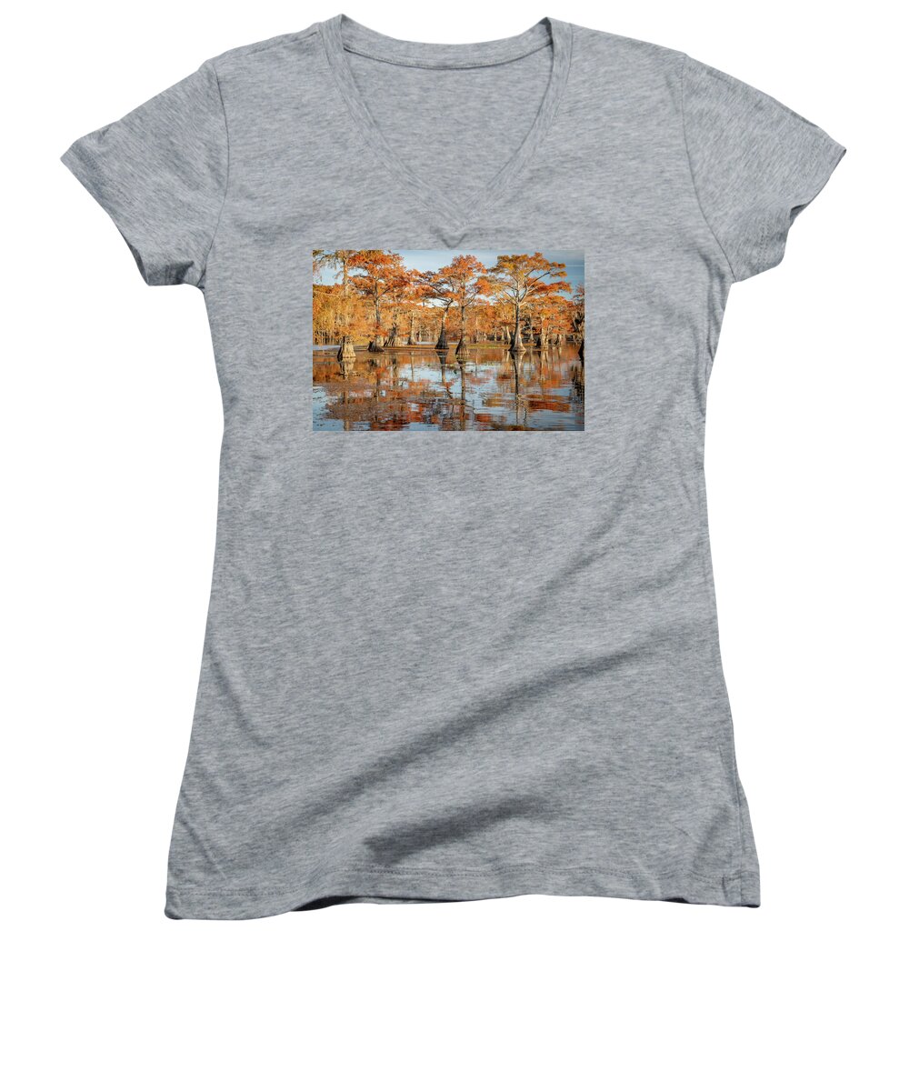 Caddo Lake Women's V-Neck featuring the photograph Orange Glow Reflection by Iris Greenwell