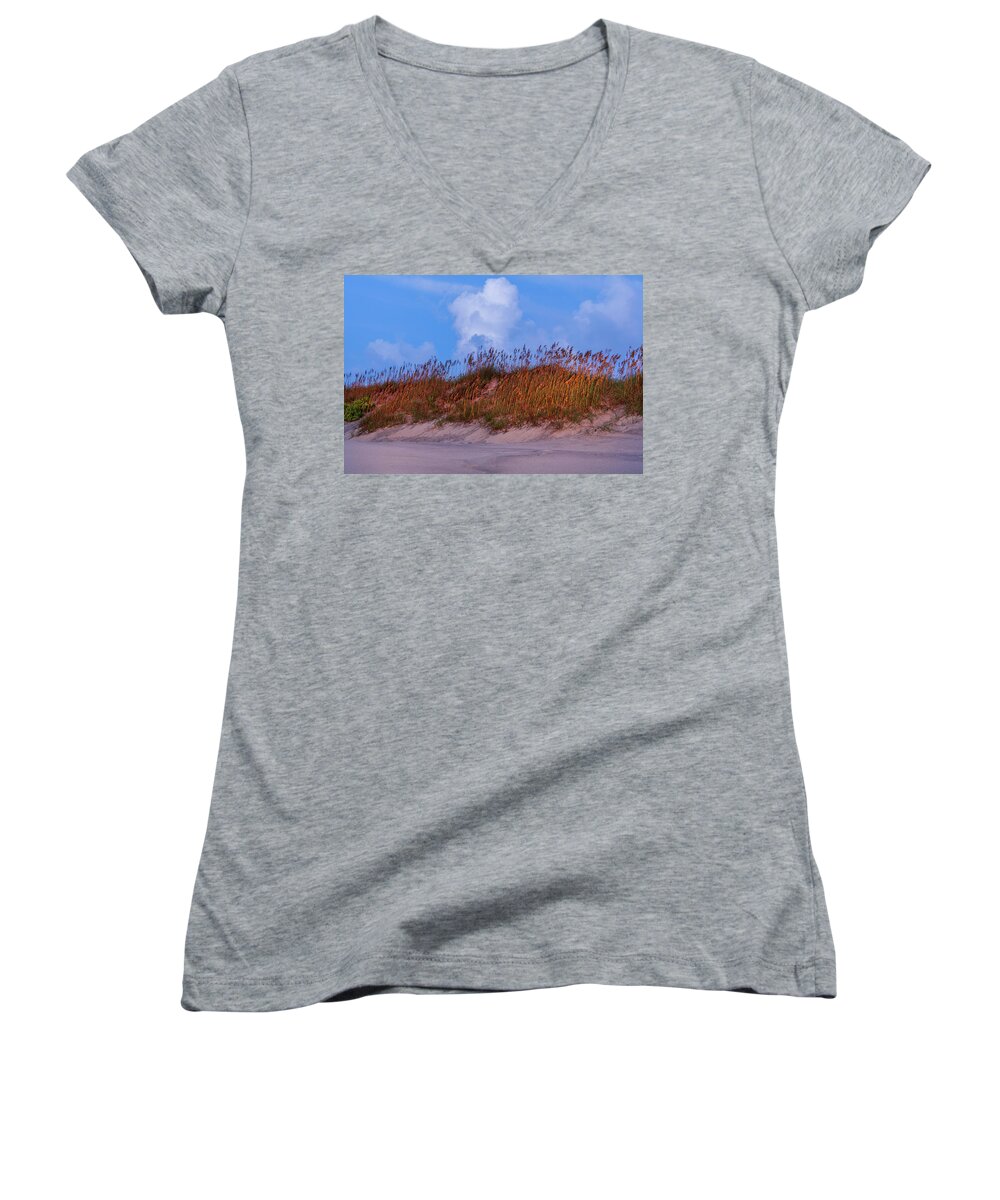 Beach Women's V-Neck featuring the photograph Outer Banks Glowing Sea Oats 81 by Dan Carmichael