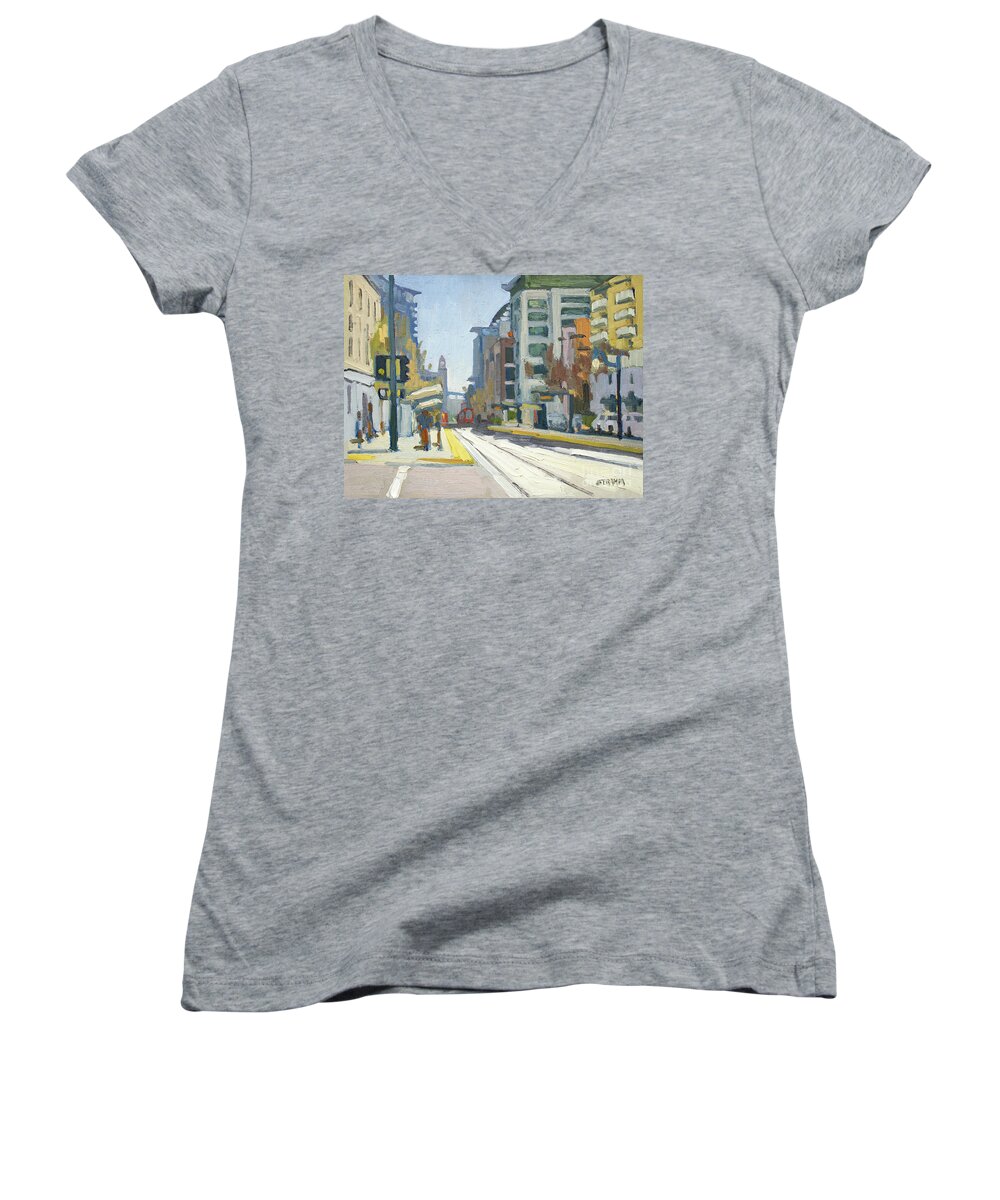 San Diego Women's V-Neck featuring the painting Park and Market Trolley - San Diego, California by Paul Strahm