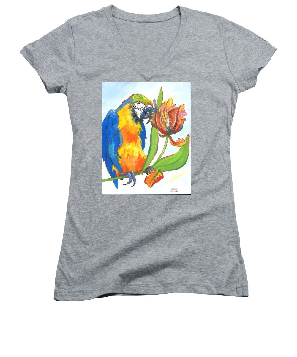 Macaw Parrot Women's V-Neck featuring the painting Parrot Tulip by Susan Thomas