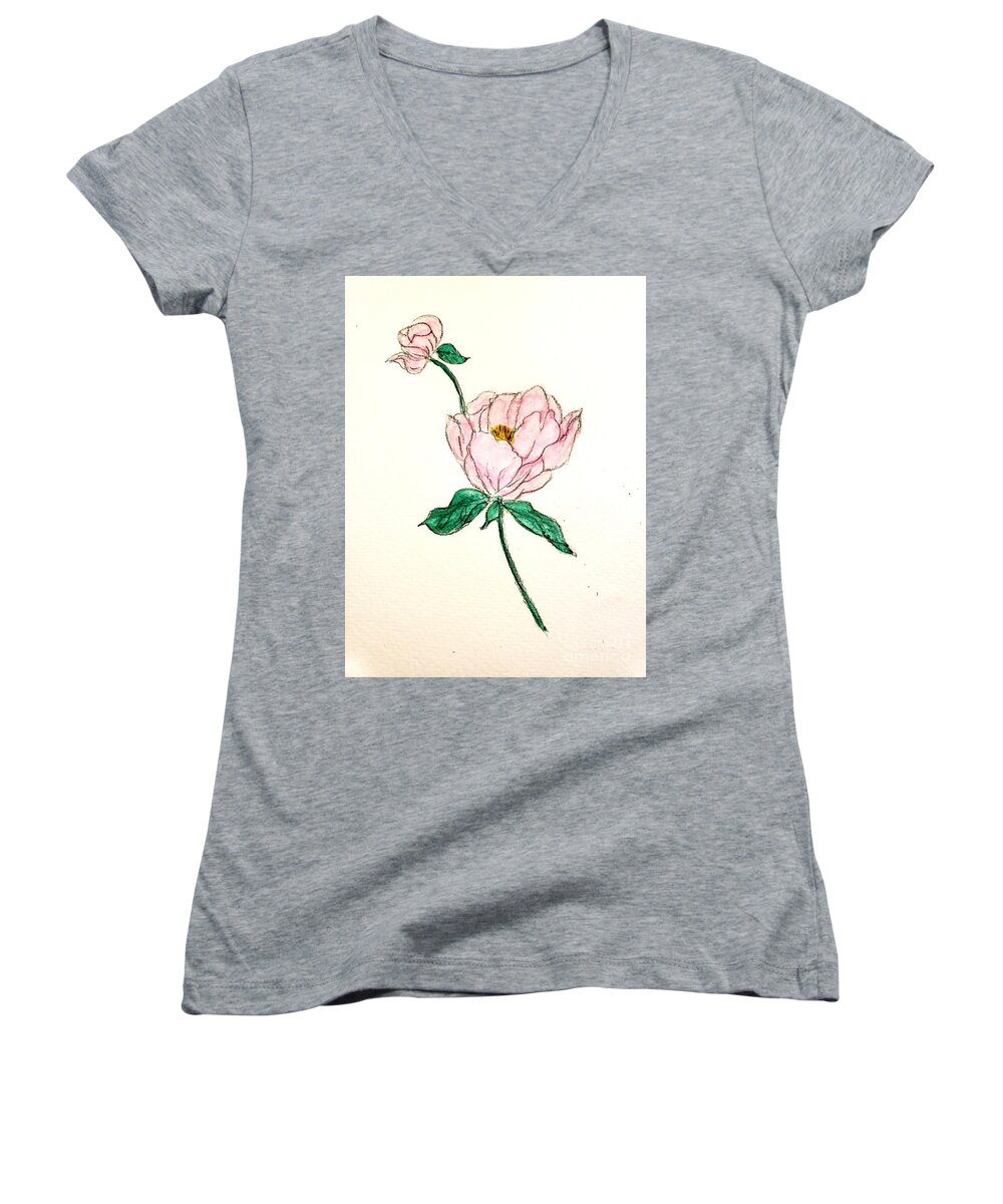 Romance Women's V-Neck featuring the painting Peony by Margaret Welsh Willowsilk