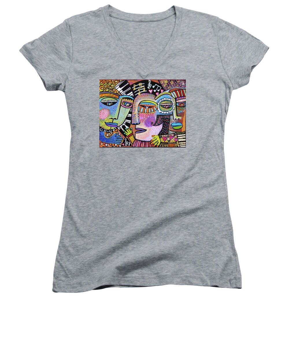 Wine Women's V-Neck featuring the painting Piano Bar Singer by Sandra Silberzweig