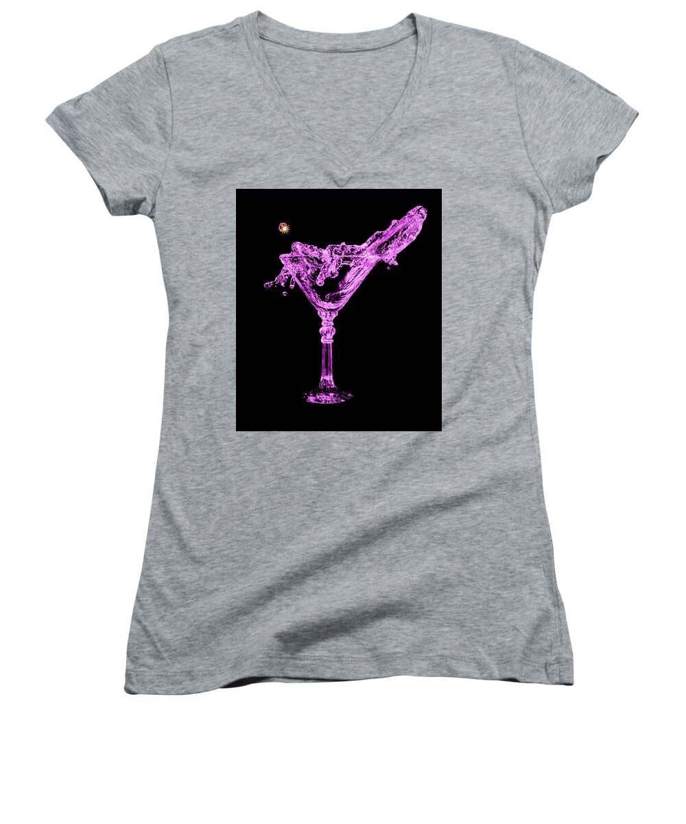 Martini Women's V-Neck featuring the photograph Neon Pink Martini Splash Frozen in Time by Rob Green