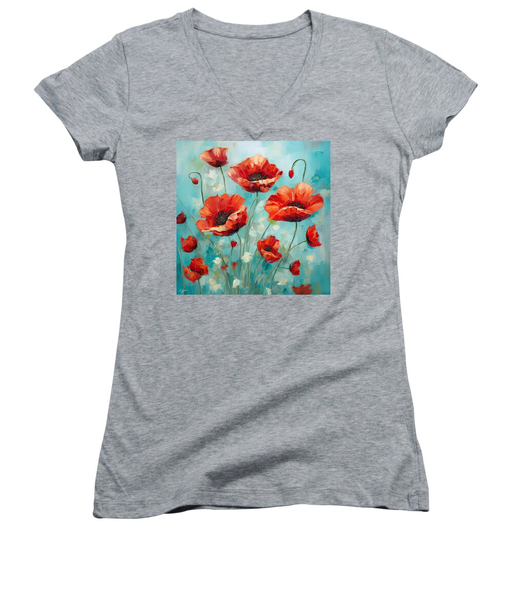 Poppies Women's V-Neck featuring the painting Poppies Upheaval - Turquoise and Red Flowers by Lourry Legarde