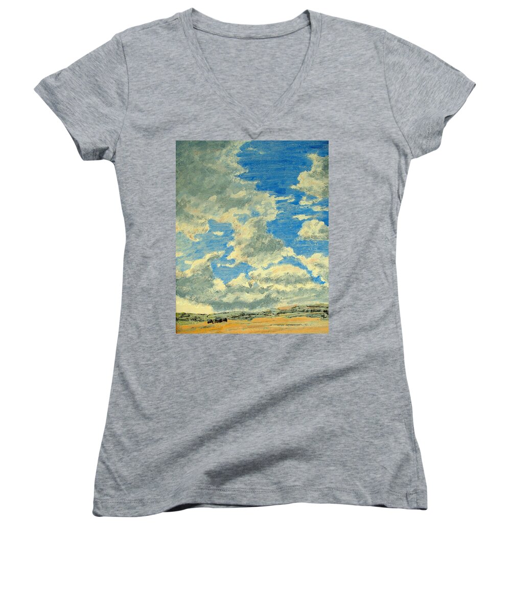 Clouds Women's V-Neck featuring the painting Prairie Storm Coming by Ian MacDonald