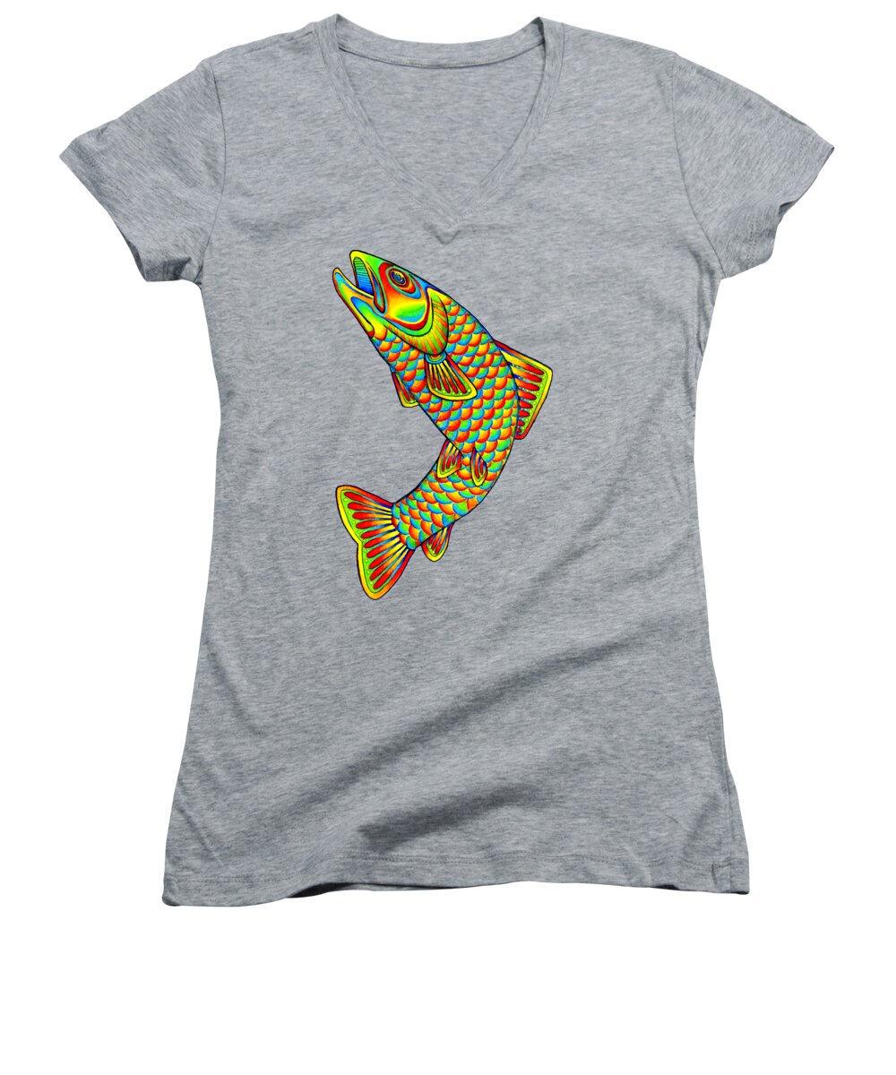 Psychedelic Women's V-Neck featuring the drawing Psychedelic Rainbow Trout Fish by Rebecca Wang
