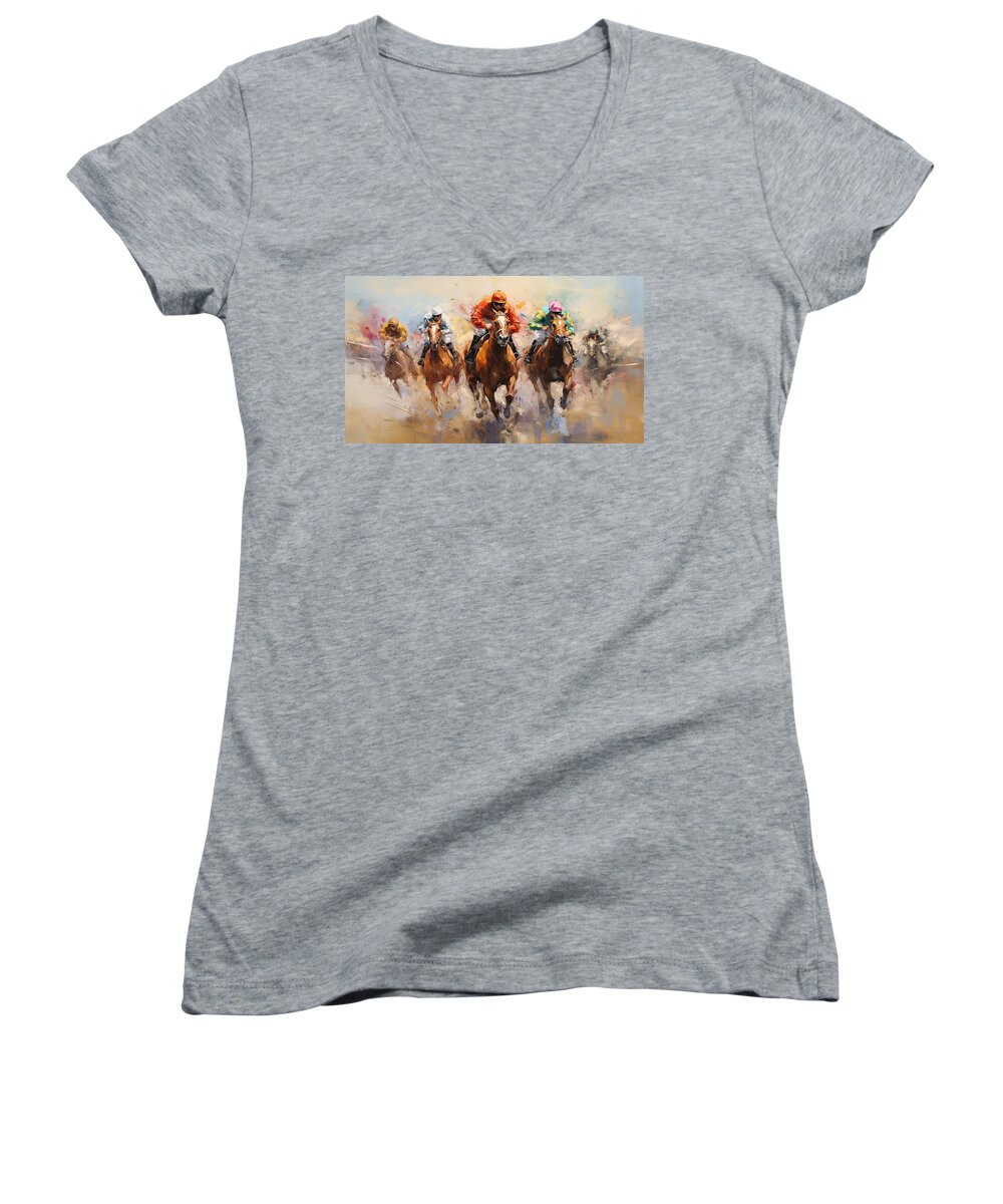 Horse Racing Women's V-Neck featuring the painting Race for the Ages by Lourry Legarde