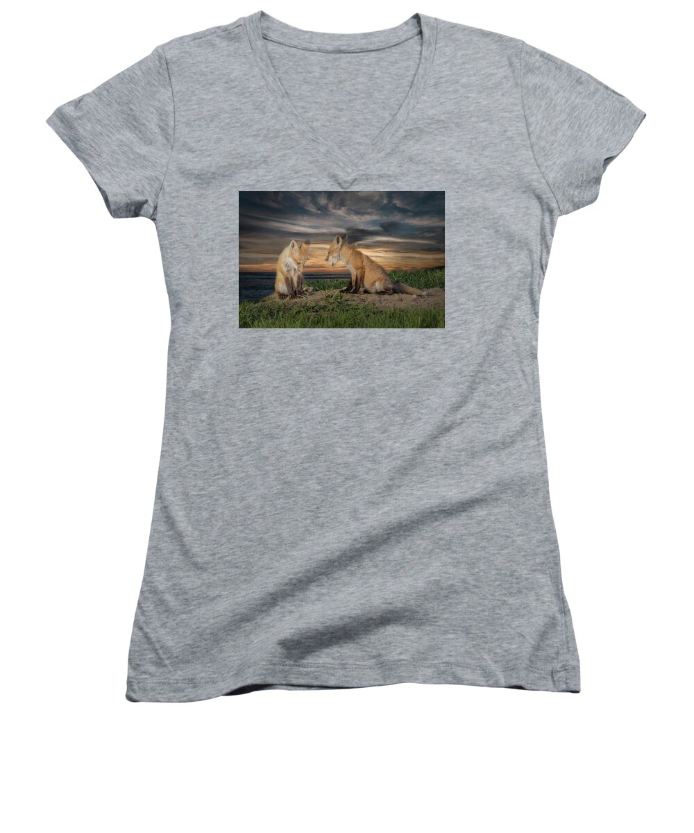 Fox Women's V-Neck featuring the photograph Red Fox Kits - Past Curfew by Patti Deters