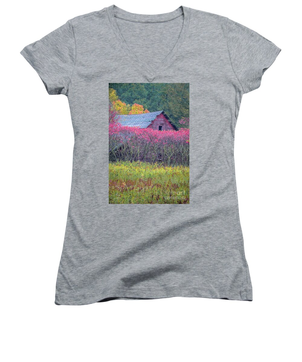 Autumn Women's V-Neck featuring the photograph Red Shed and Sumac by Trey Foerster