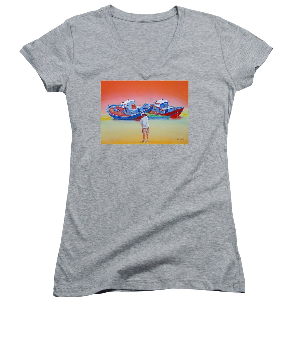 Abandoned Fishing Boats Women's V-Neck featuring the painting Respect by Charles Stuart