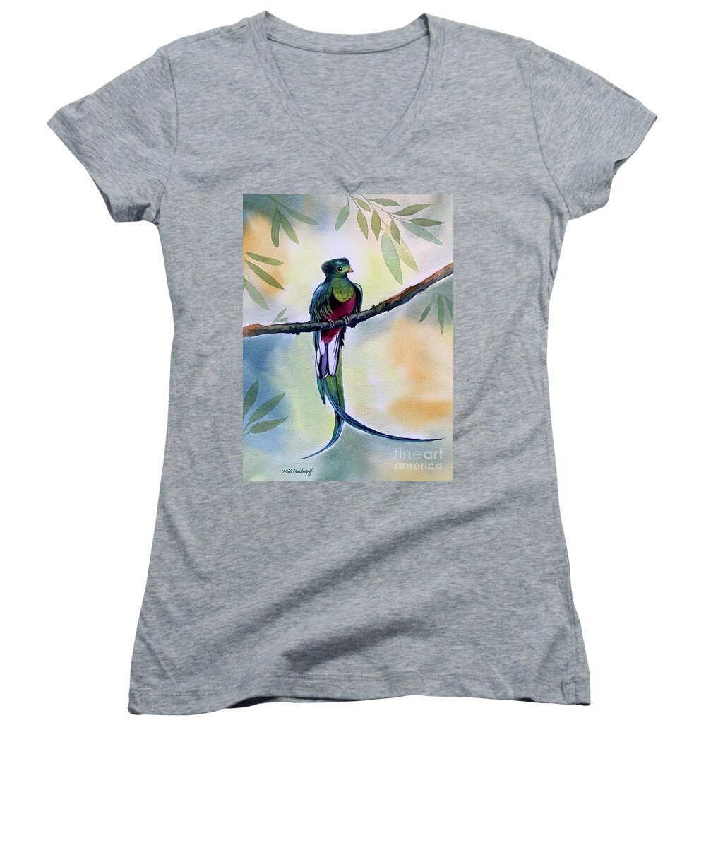 Quetzal Women's V-Neck featuring the painting Resplendent Quetzal Bird Exotic by Hilda Vandergriff