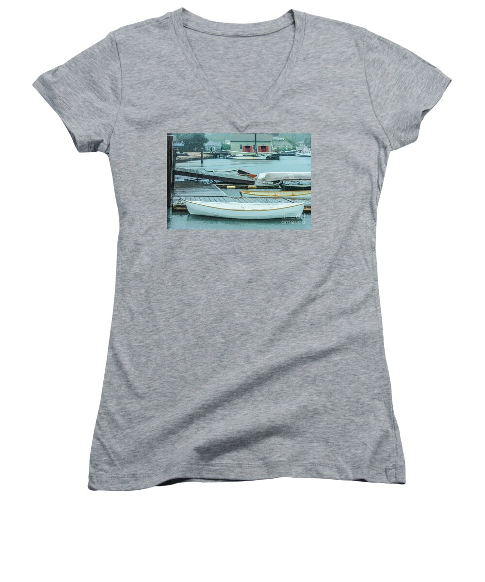 Sailboats Women's V-Neck featuring the digital art Row boats tied up in harbor on rainy day by Susan Vineyard