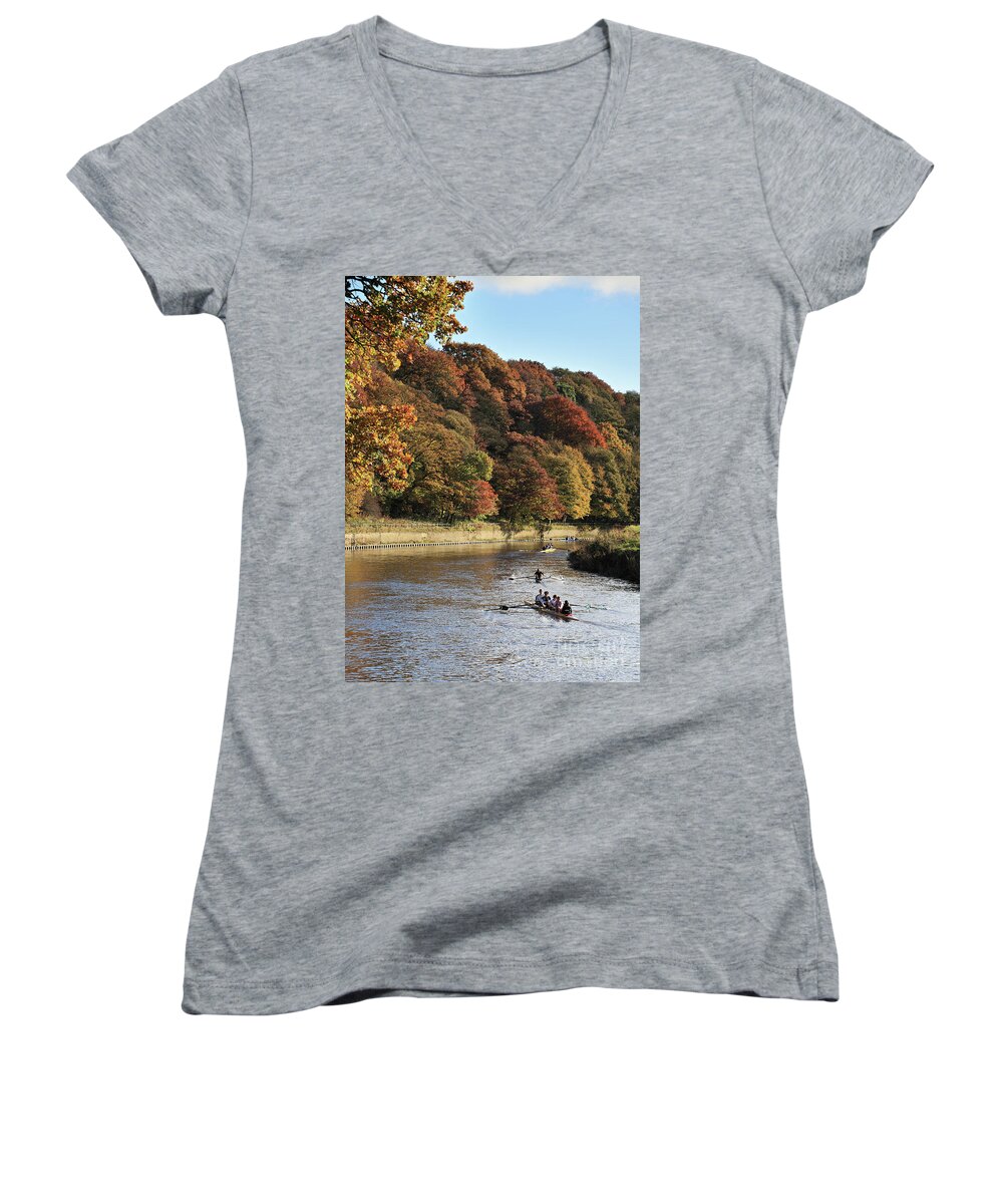 Autumn Women's V-Neck featuring the photograph Rowing on the river Wear in autumn by Bryan Attewell