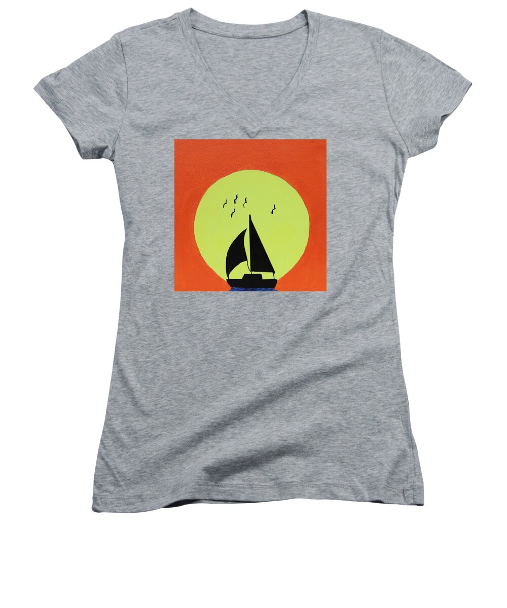 Boat Women's V-Neck featuring the painting SailboatAtSunset by Deborah Boyd