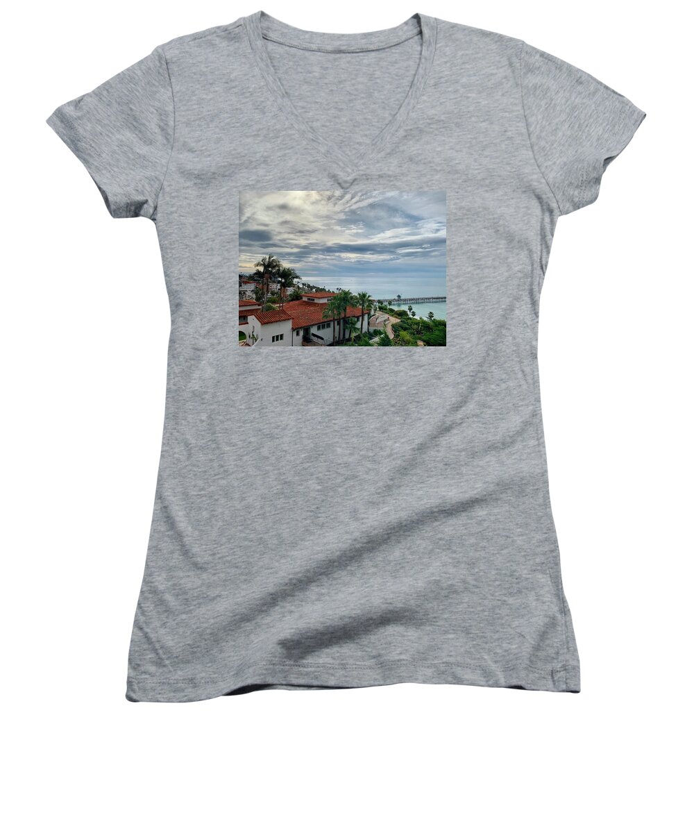 San Clemente Women's V-Neck featuring the photograph San Clemente Skies by Brian Eberly