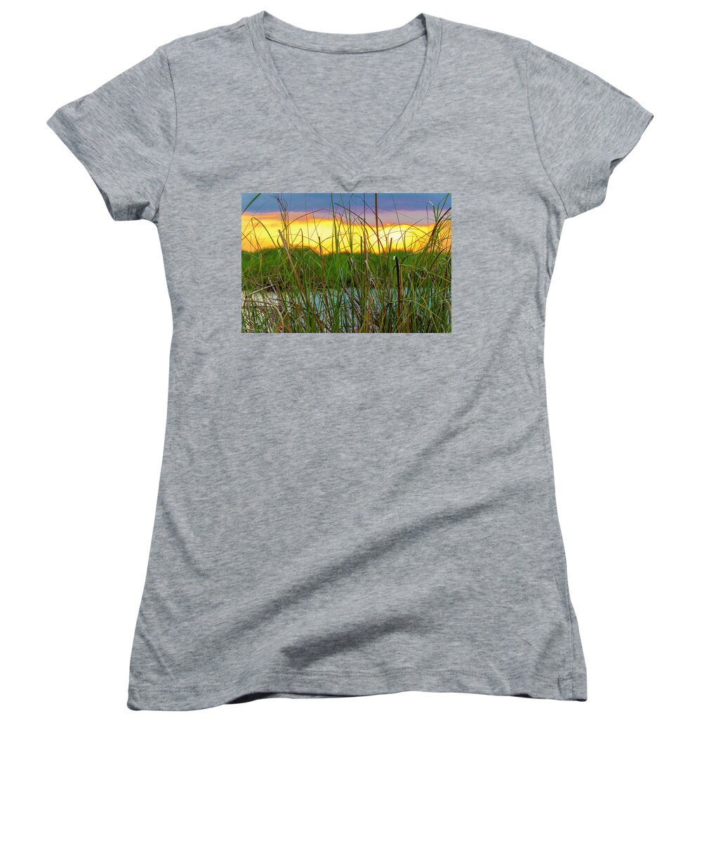Sunset Women's V-Neck featuring the photograph Sawgrass Sunset by Blair Damson