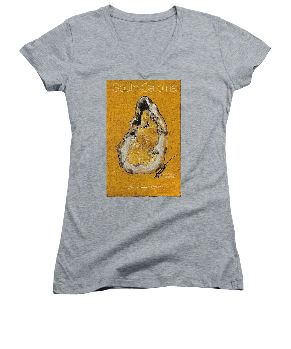Oysters Women's V-Neck featuring the mixed media SC Oysters Gold by C F Legette