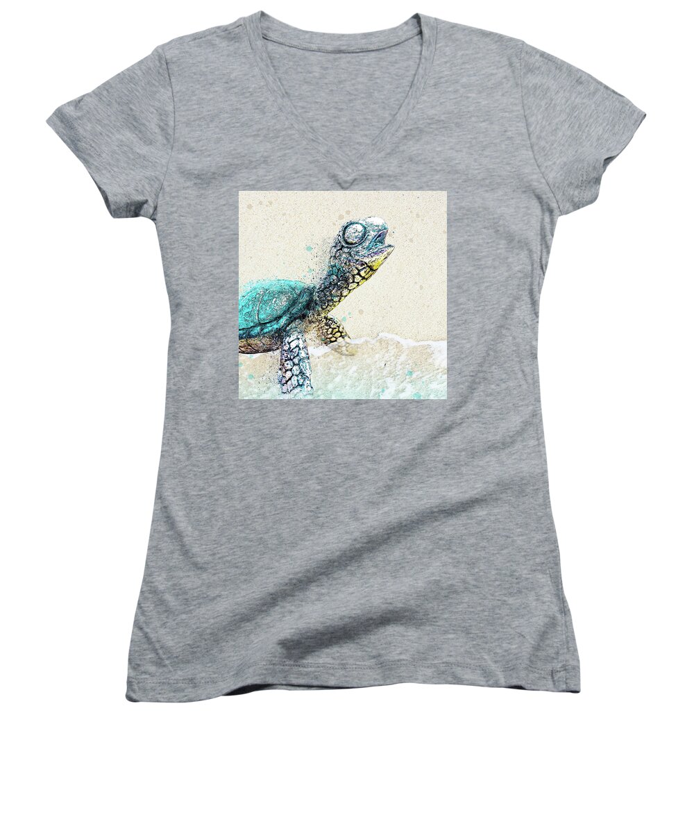 Sea Turtle On Beach Women's V-Neck featuring the digital art Sea Turtle on the Shore by Pamela Williams