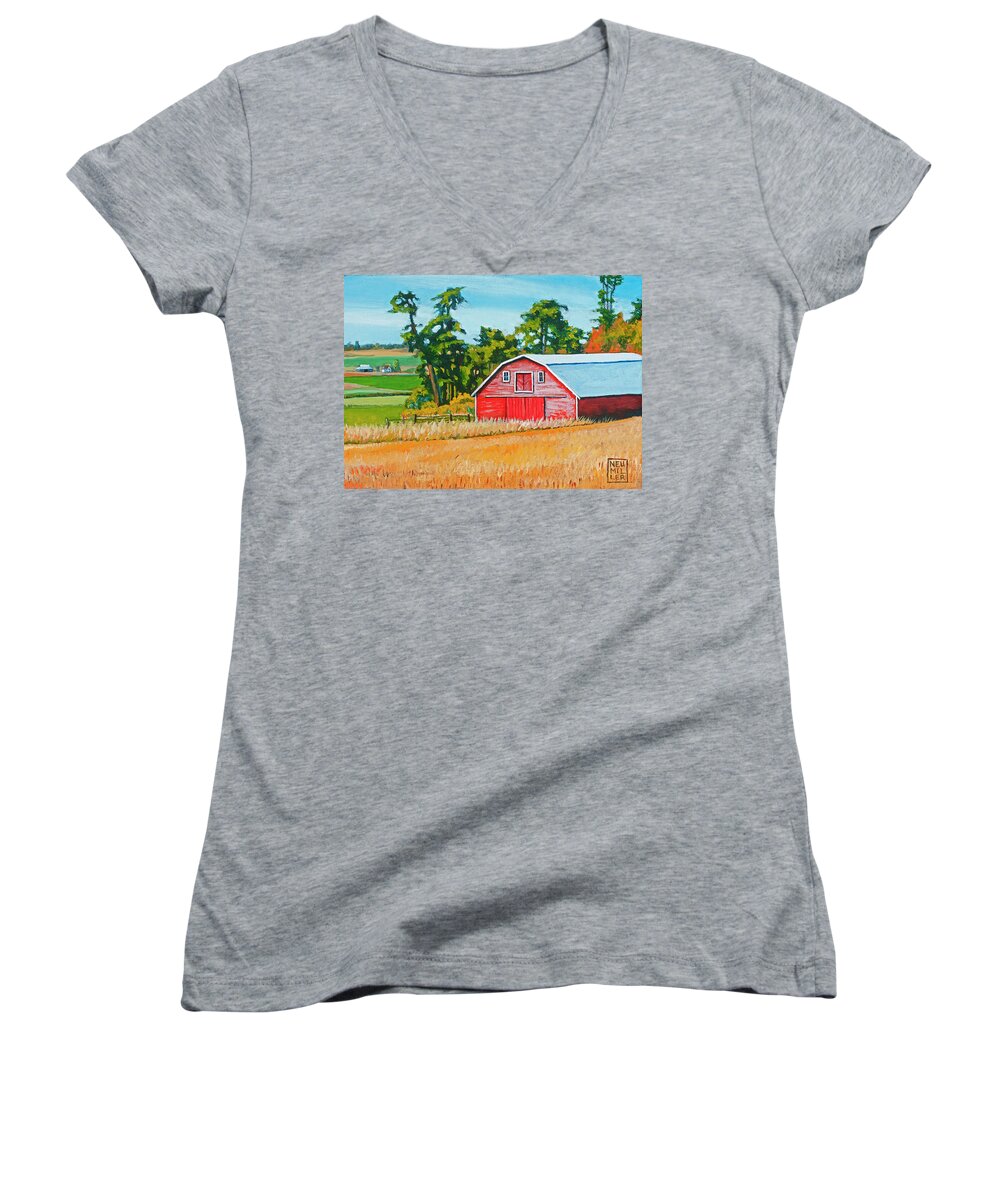 Barn Women's V-Neck featuring the painting Sherman Squash Barn by Stacey Neumiller