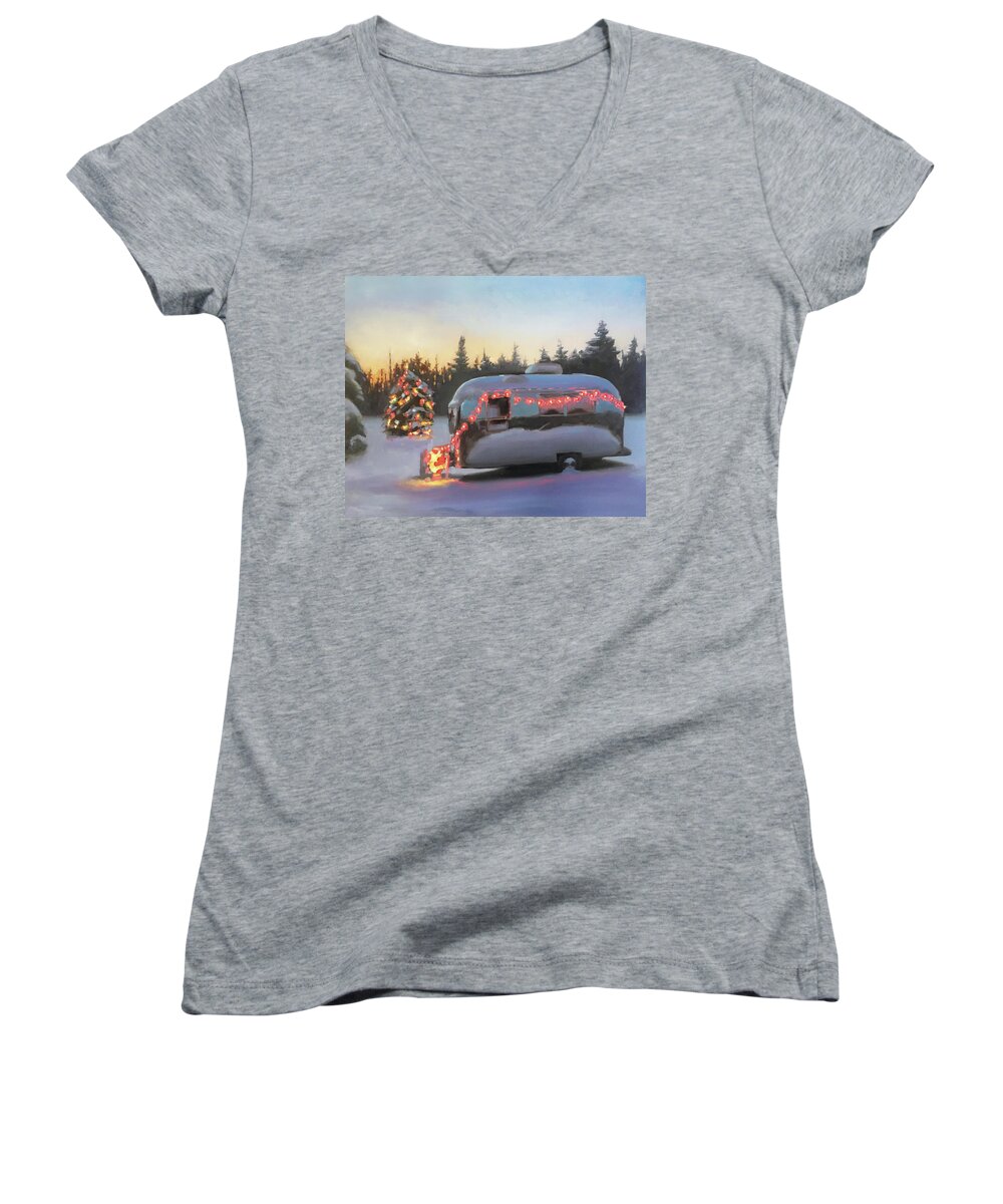 Airstream Women's V-Neck featuring the painting Silver Belle by Elizabeth Jose