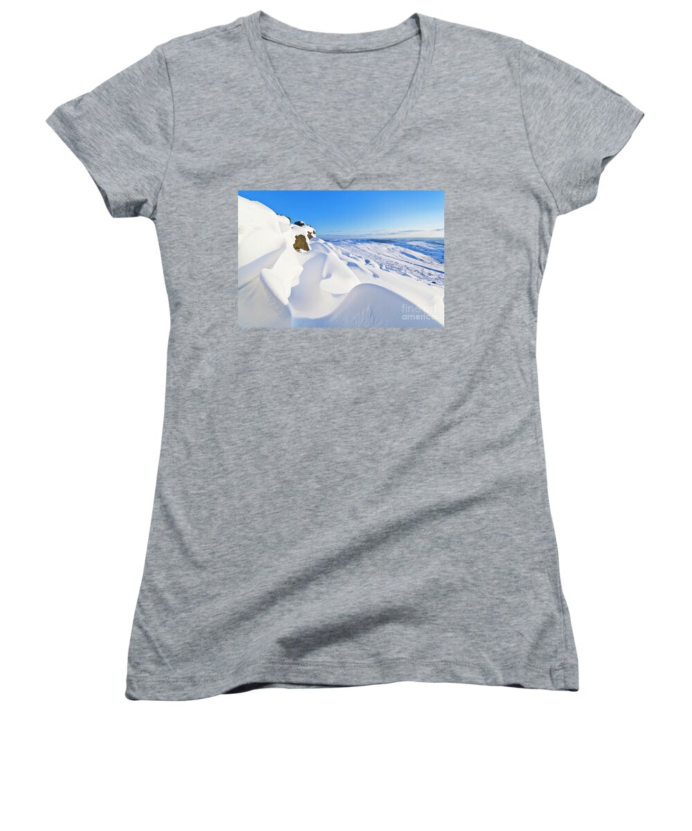 Snow Landscape Women's V-Neck featuring the photograph Snow Drifts on Stanage Edge, Peak District, England by Neale And Judith Clark