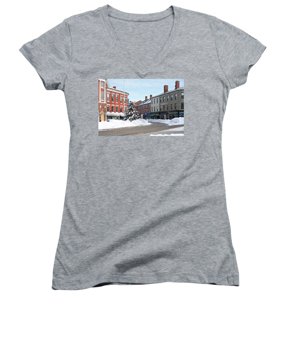 Portsmouth Women's V-Neck featuring the photograph Snow in Downtown Portsmouth by Eric Gendron
