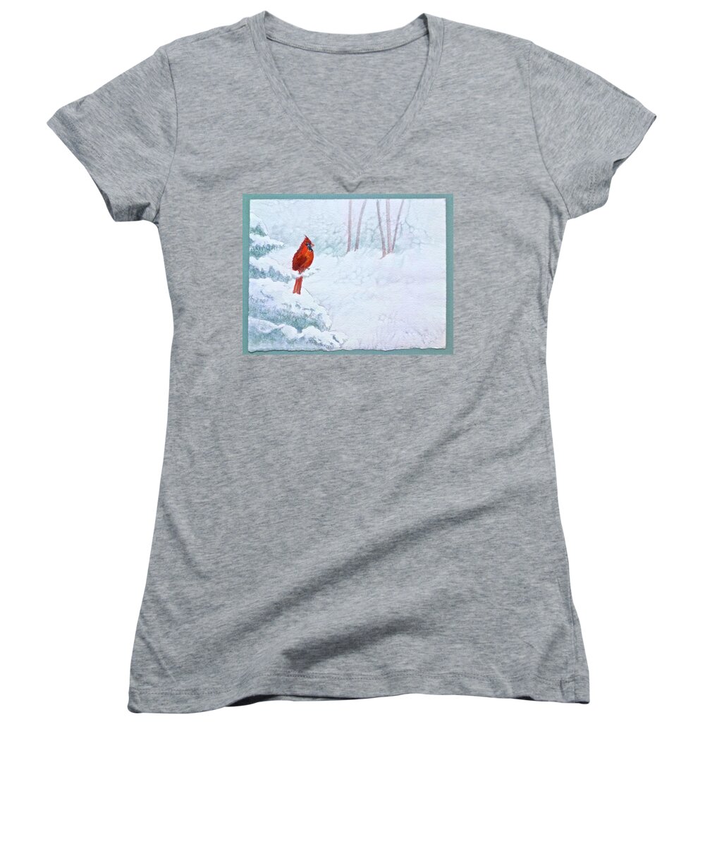 Watercolor Women's V-Neck featuring the painting Snowy Contrast by Carolyn Rosenberger