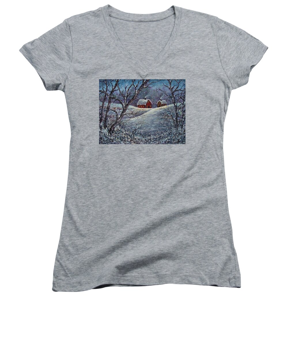 Landscape Women's V-Neck featuring the painting Snowy Day by Natalie Holland