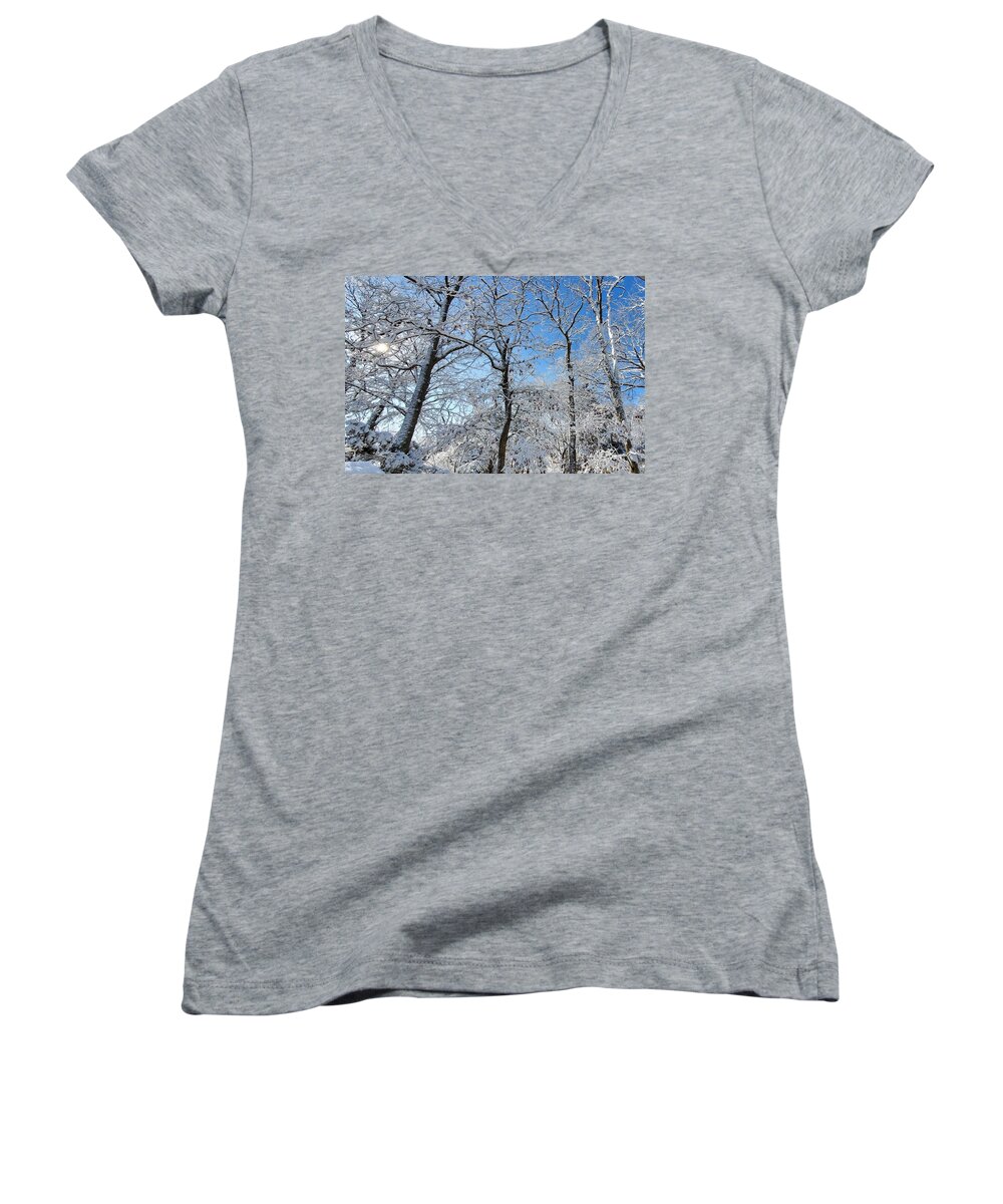 Snow Covered Women's V-Neck featuring the photograph Snowy Trees and Blue Sky by Stacie Siemsen