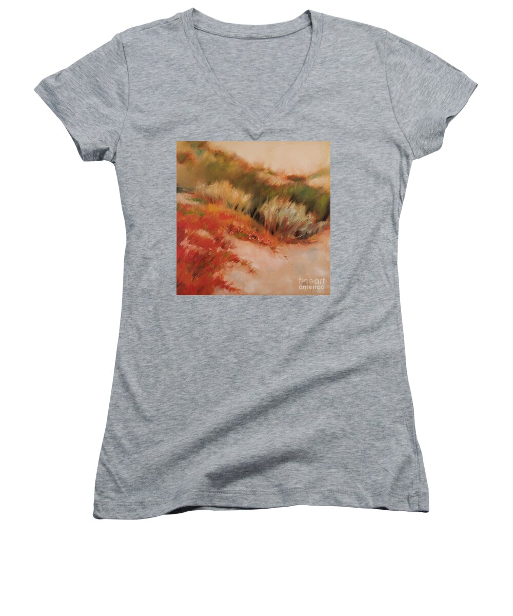 California Women's V-Neck featuring the painting Soft Dunes 1 by Mary Hubley