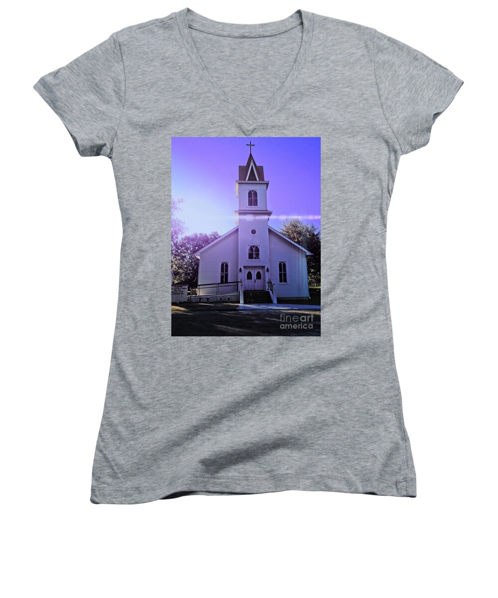 Solar Flare Women's V-Neck featuring the photograph Solar Flare Church by JB Thomas