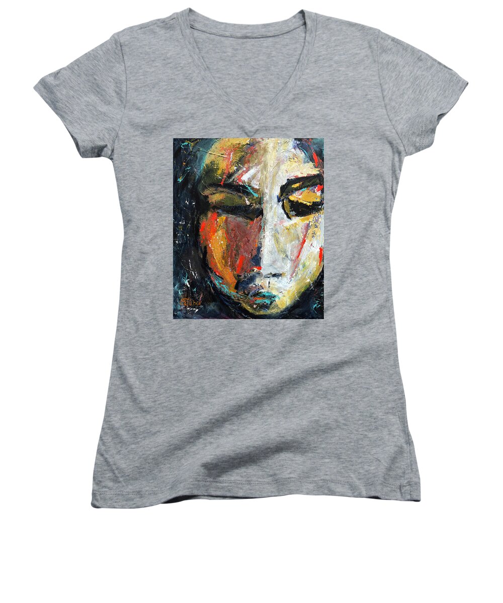 Female Face Women's V-Neck featuring the painting Somber by Sharon Sieben