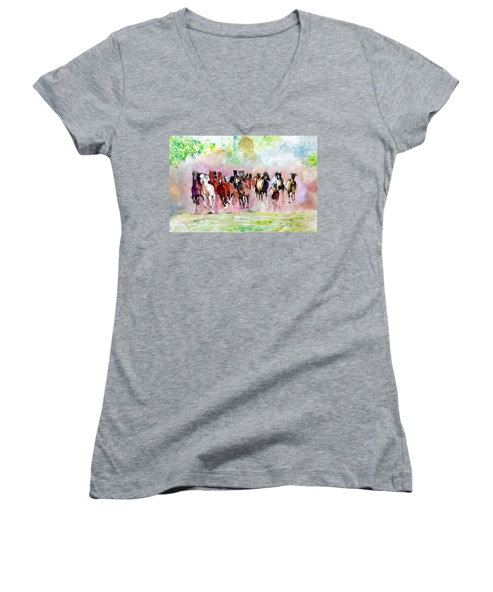 Horse Women's V-Neck featuring the painting Stallions on move. by Khalid Saeed