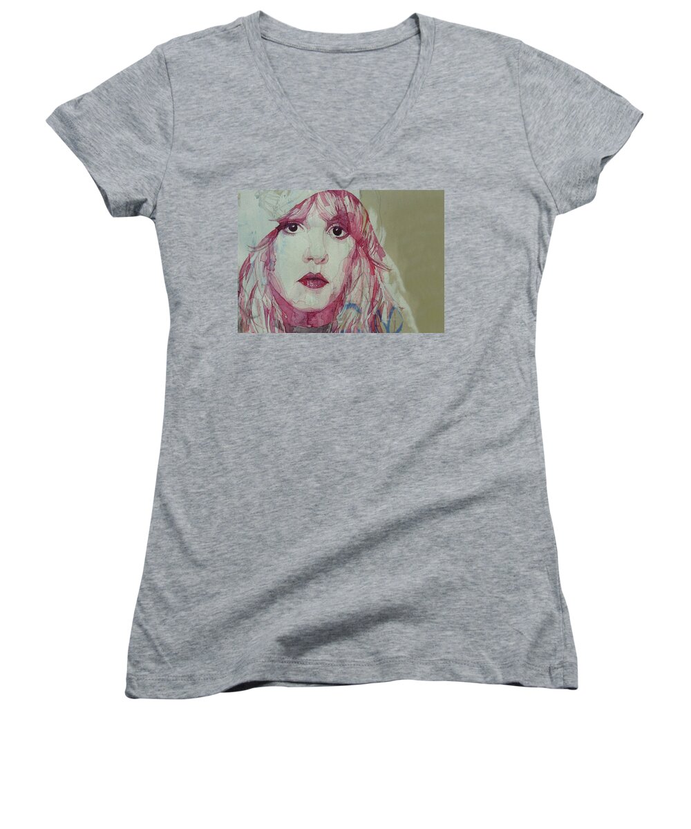 Fleetwood Mac Women's V-Neck featuring the painting Stevie Nicks - Fleetwood Mac - Gypsy - Large by Paul Lovering