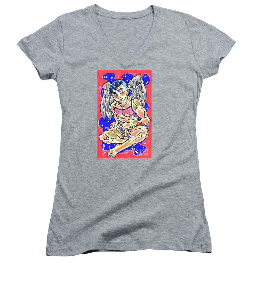 Shannon Hedges Women's V-Neck featuring the drawing Street Angel 4 by Shannon Hedges