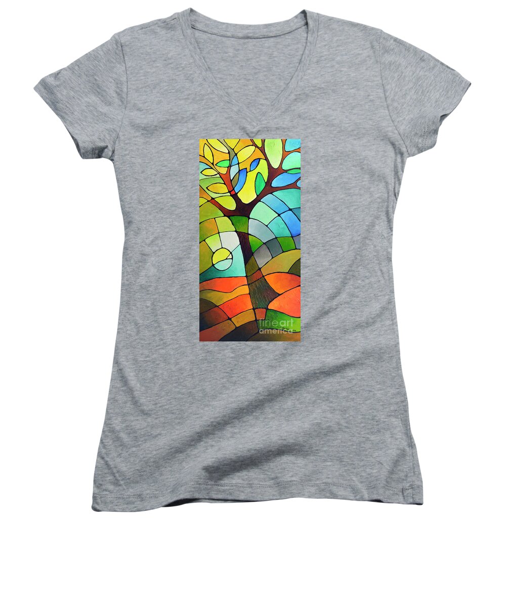 Geometric Women's V-Neck featuring the painting Summer Tree by Sally Trace